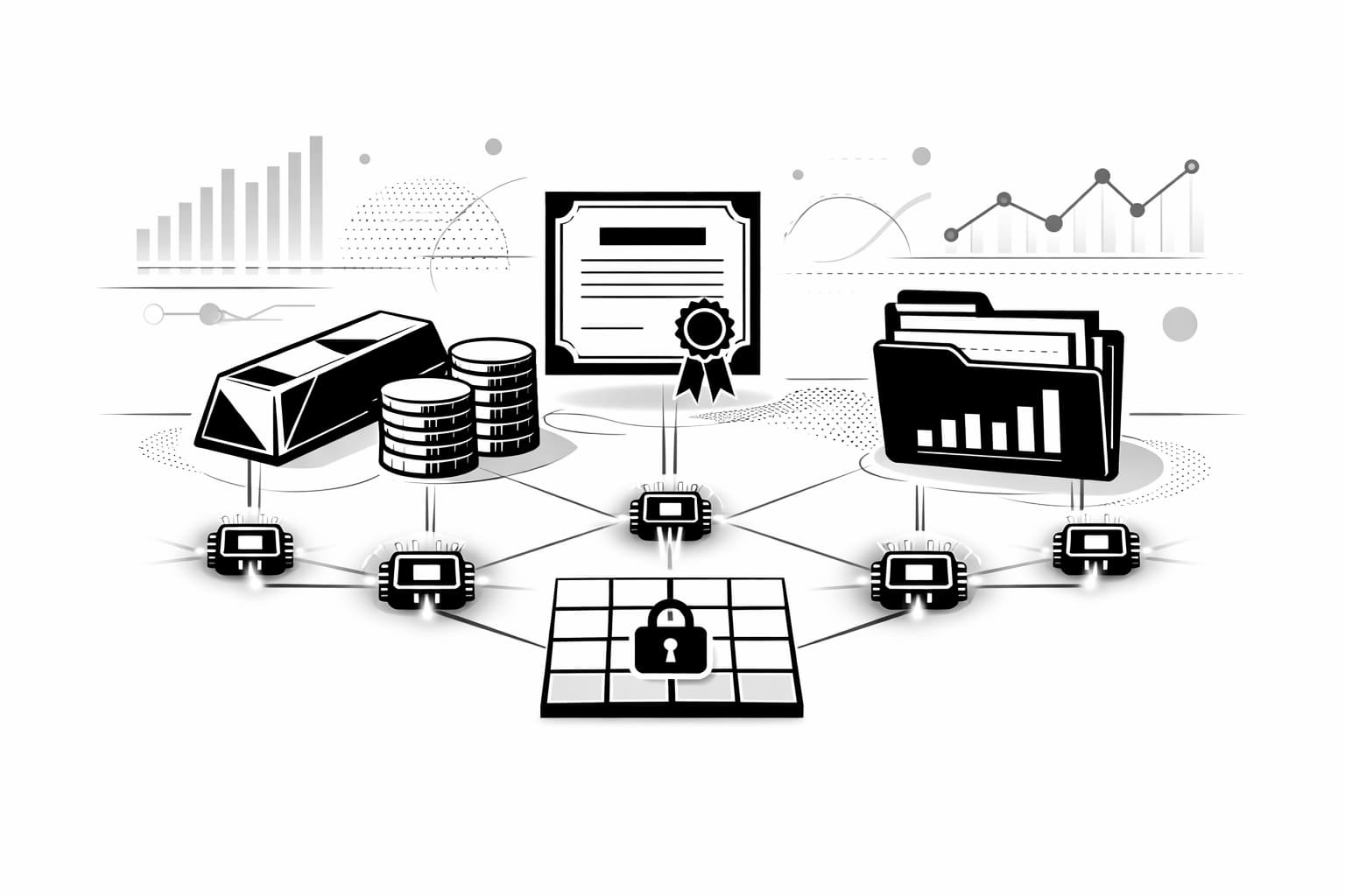 Illustration of gold and fund assets linked to digital tokens and ledger