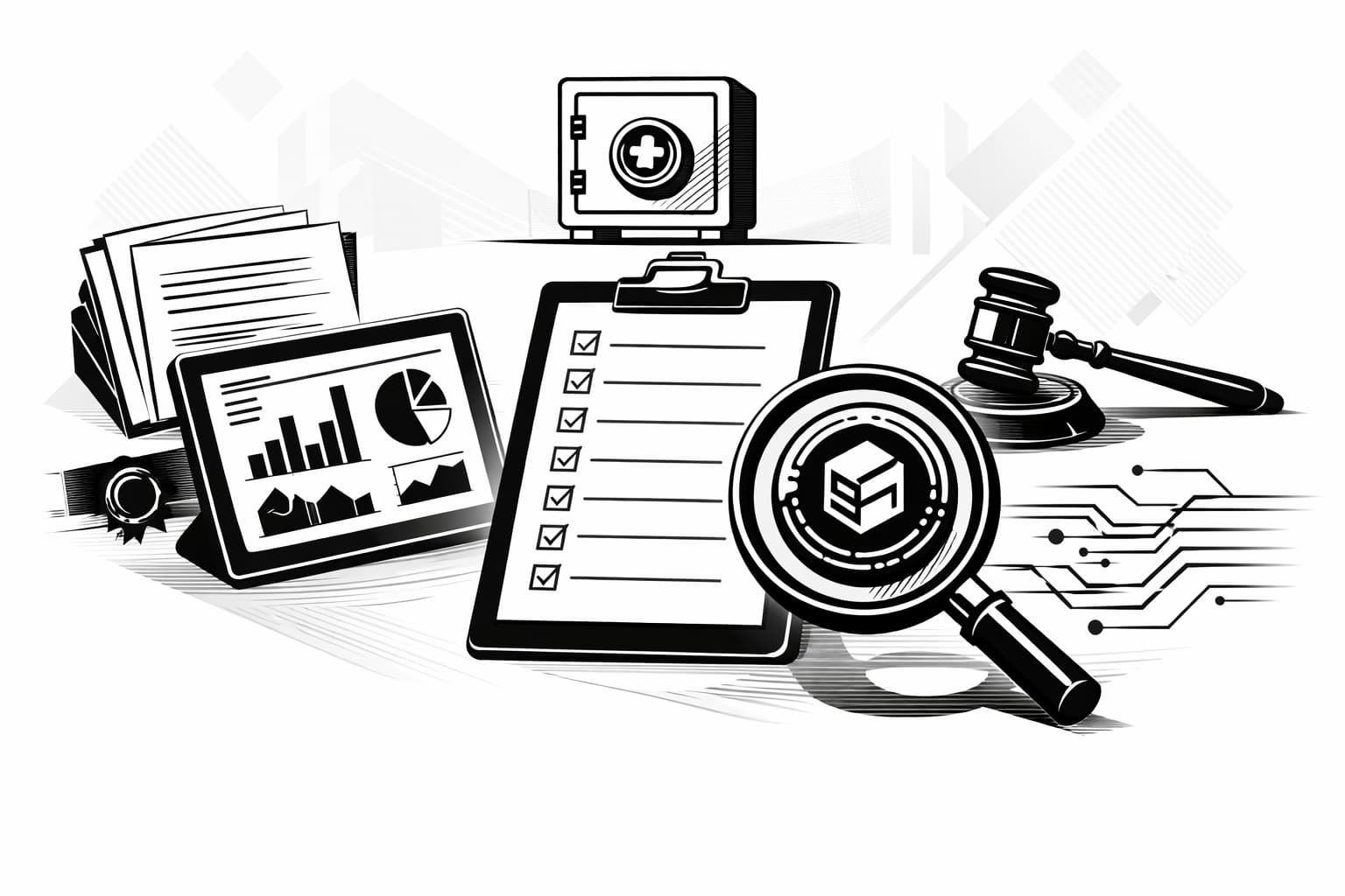 Checklist and magnifying glass evaluating tokenized asset credibility and safeguards.