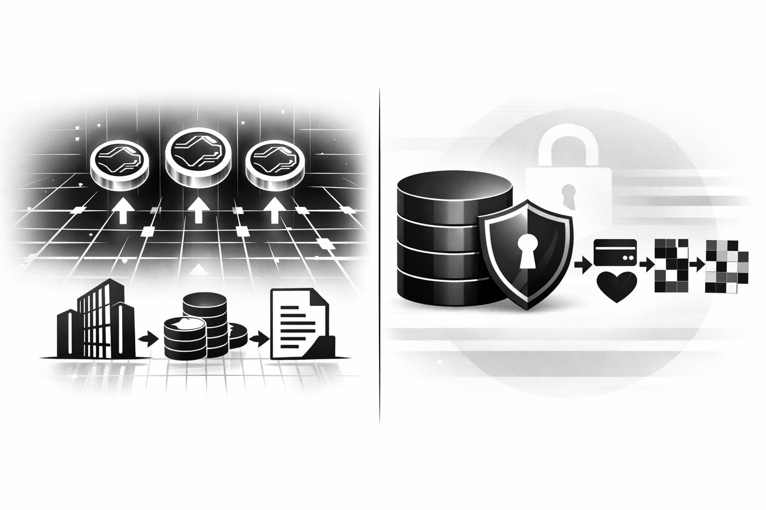 Split illustration comparing blockchain asset tokenization and data-security tokenization processes.