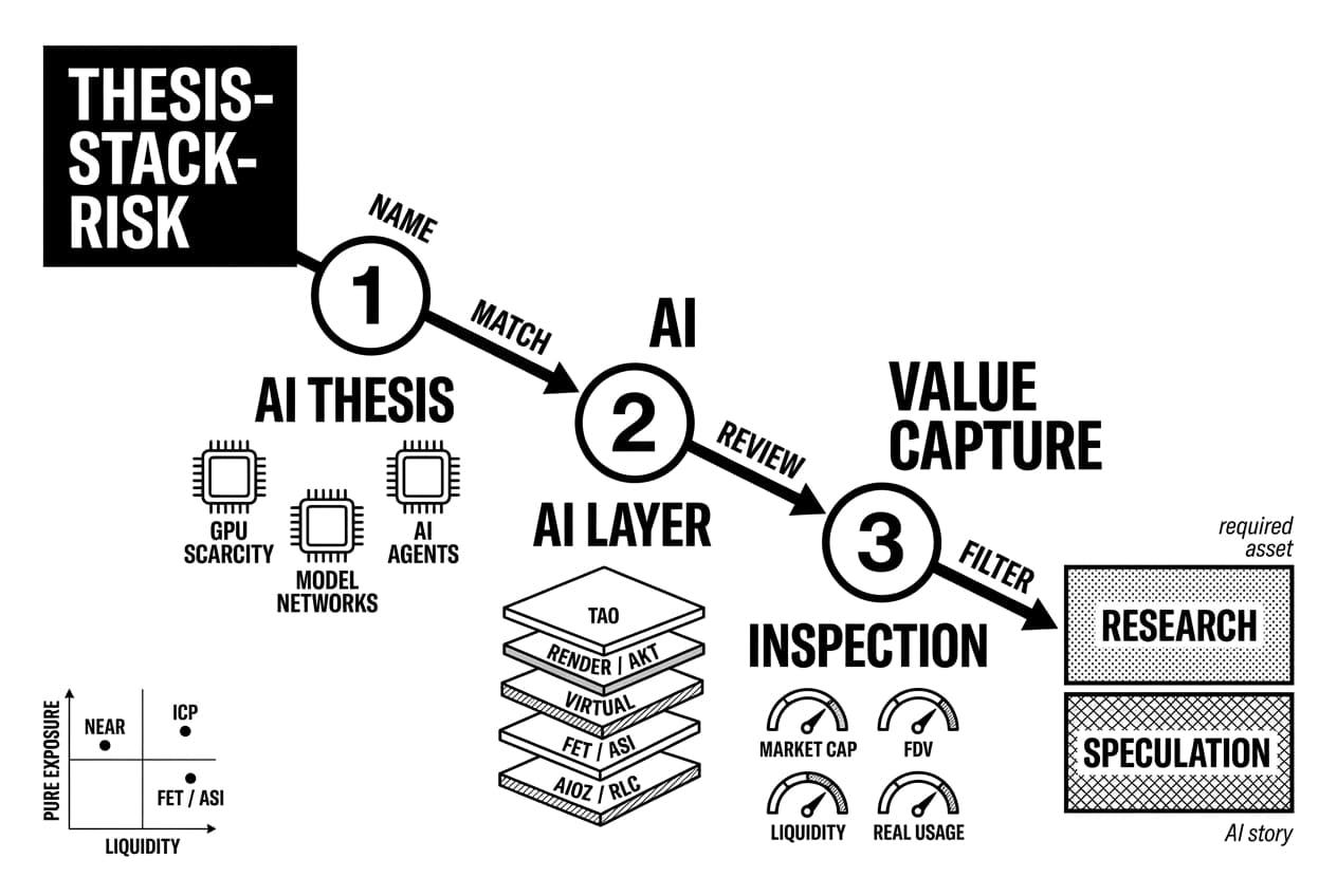 Monochrome AI crypto token thesis map with TAO, RENDER / AKT, VIRTUAL, FET / ASI, AIOZ / RLC, NEAR, ICP.