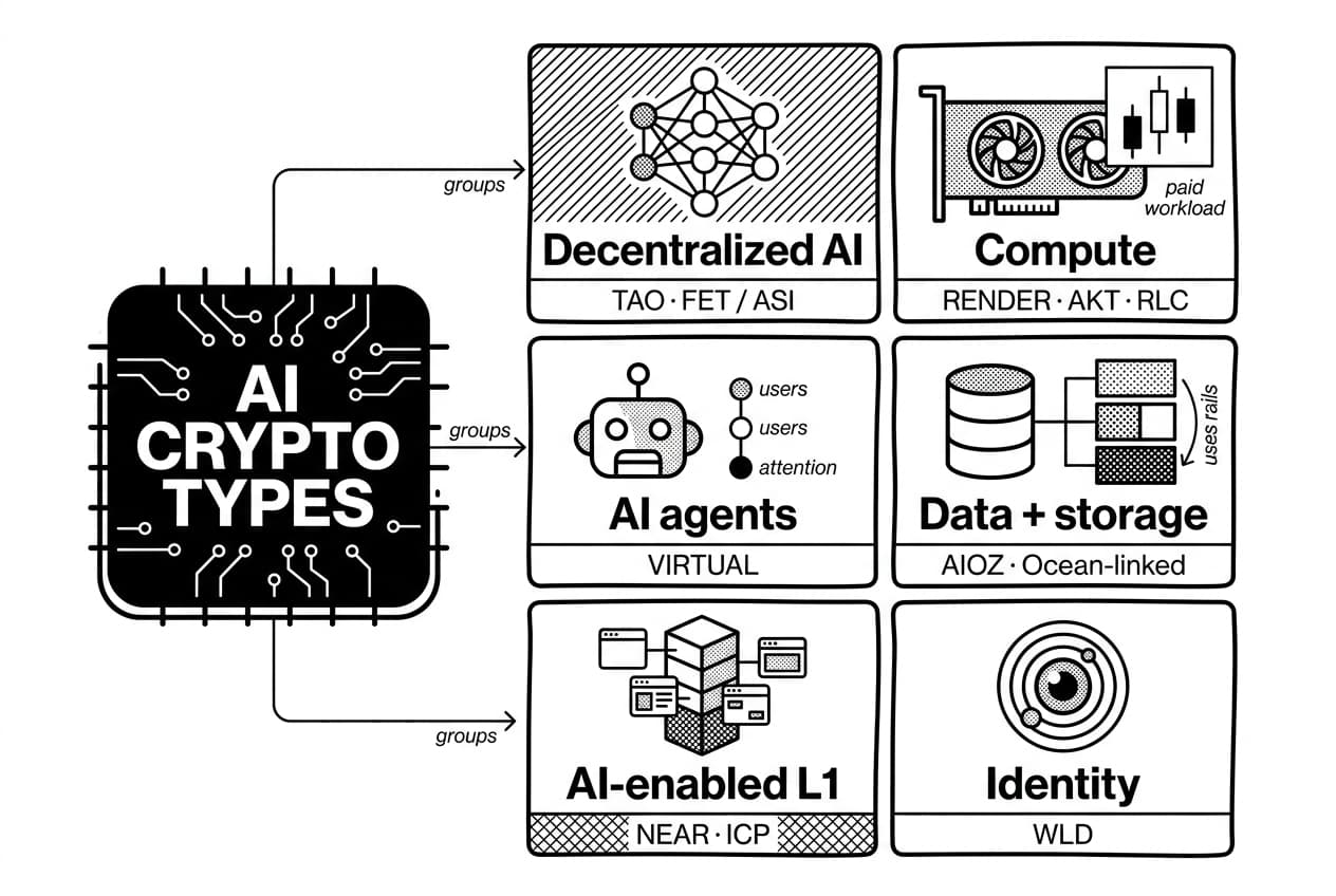 Infographic grouping top AI crypto tokens by market cap: TAO, RENDER, VIRTUAL, NEAR, WLD.