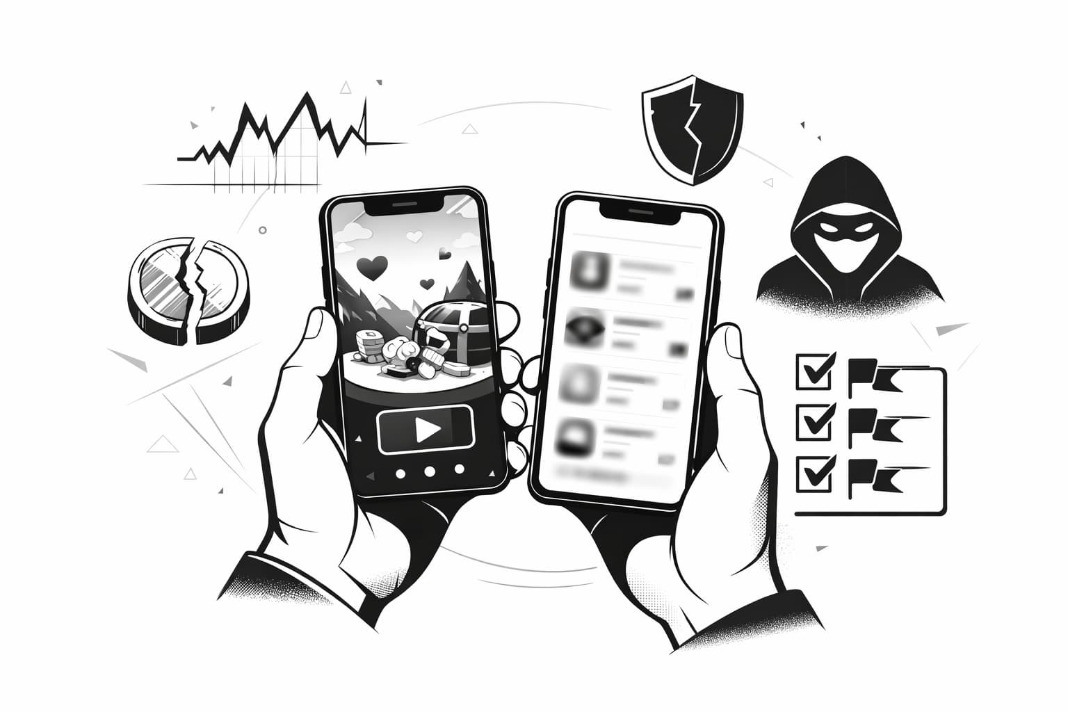 Smartphone crypto game with warning symbols for volatility, scams, and sustainability risks