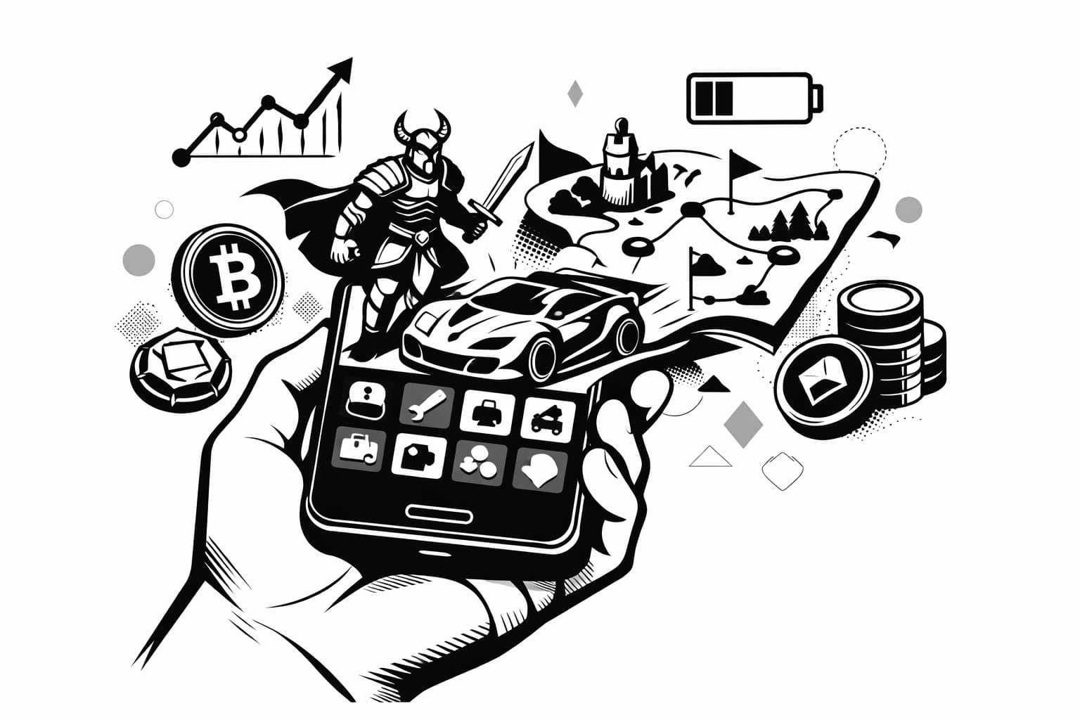 Smartphone displaying play-to-earn crypto games with tokens and performance chart elements