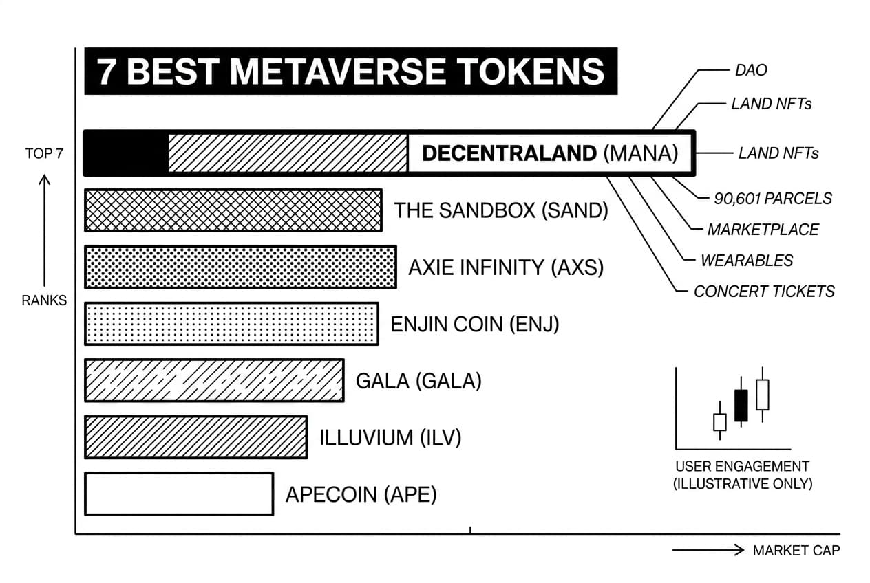 Monochrome bar chart ranking top metaverse tokens by market cap with Decentraland callouts.