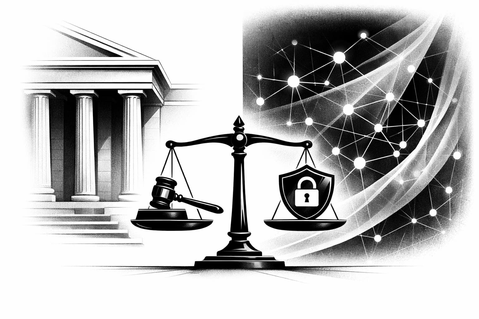 Courthouse and blockchain scales symbolizing Tornado Cash verdict and privacy tool impact