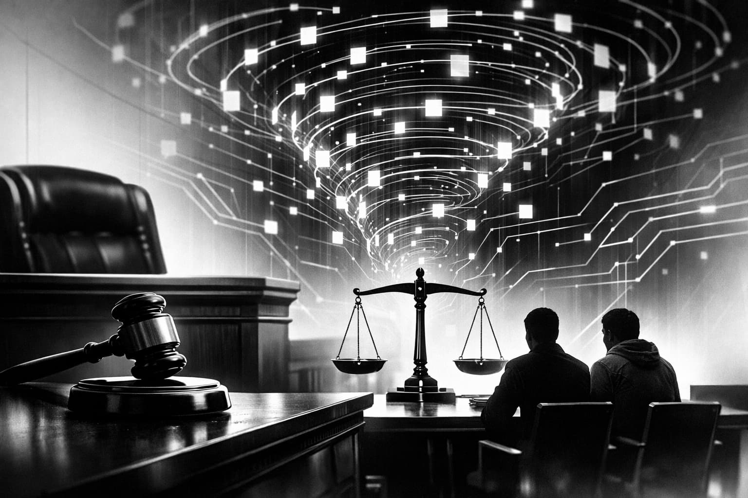 Courtroom gavel with blockchain overlay symbolizing Tornado Cash verdict shockwave for developers