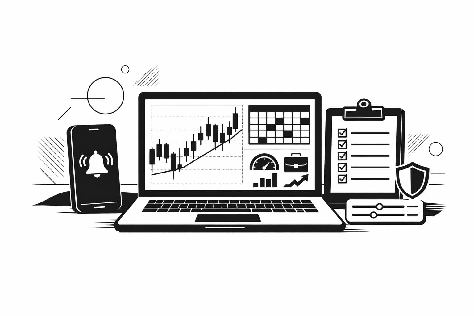 Trader desk with crypto chart, macro calendar, alerts, and risk management icons