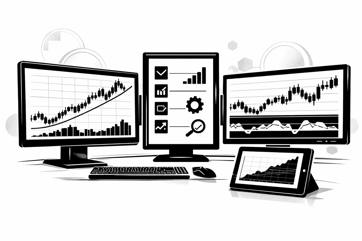 Trader comparing trend and momentum indicators with crypto charts and backtest results