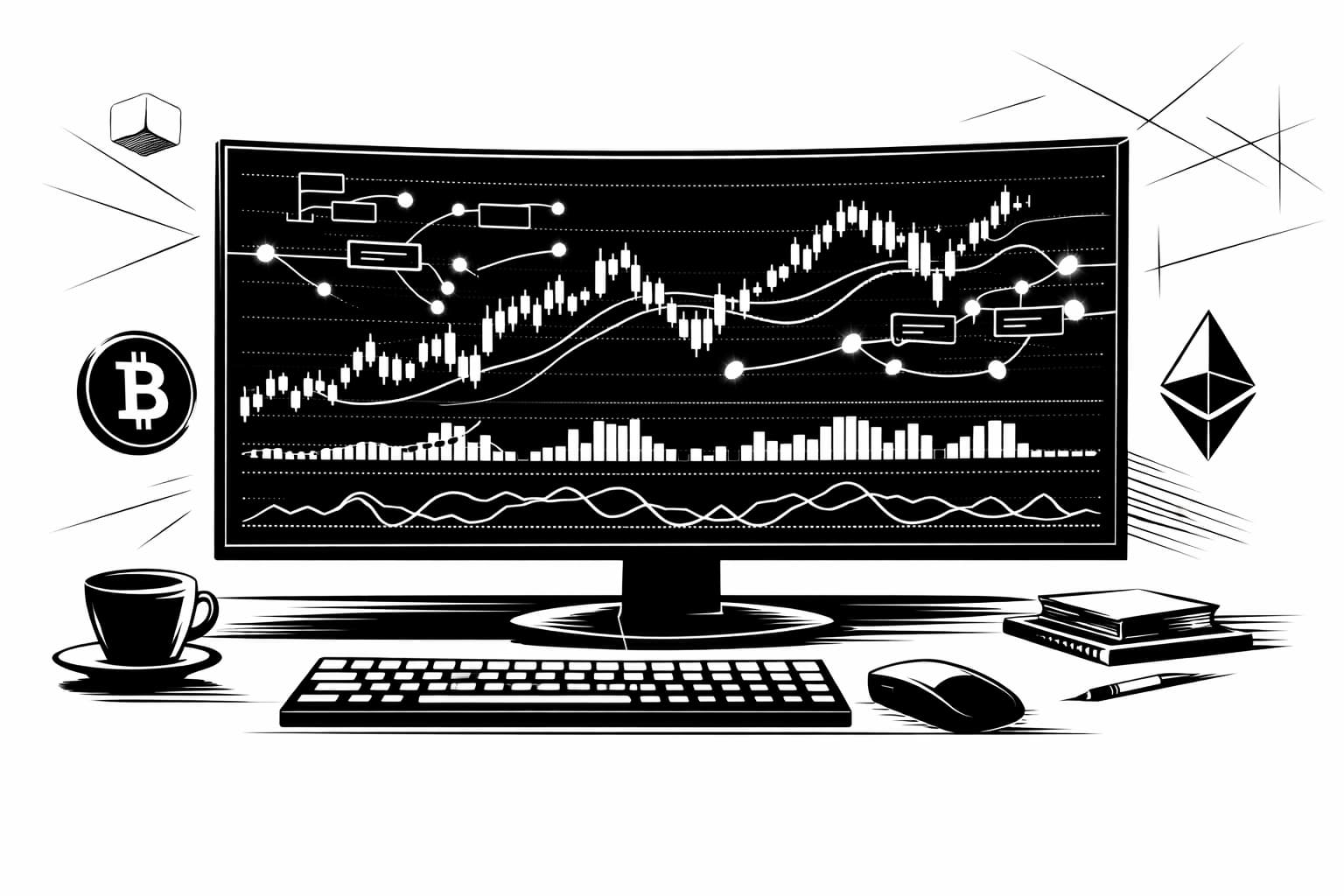 Trading chart with layered custom indicators and crypto symbols on a modern monitor