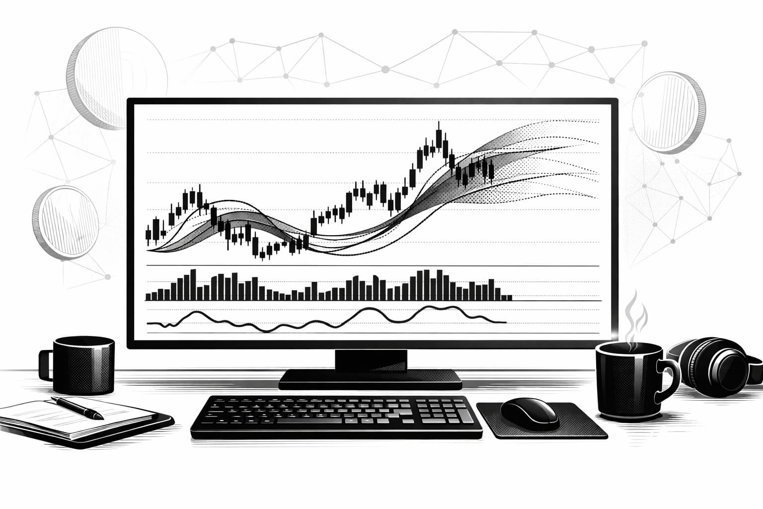 Trading screen showing crypto chart with multiple indicators for trend and momentum