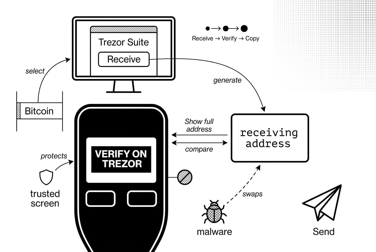Monochrome infographic showing Trezor wallet verifying receiving address before sending crypto safely.