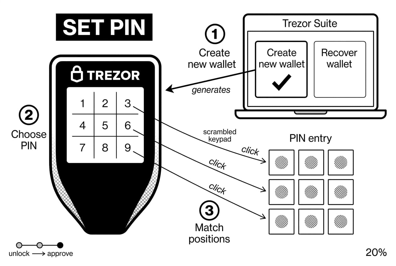 Monochrome infographic showing Trezor Suite creating a new wallet and setting a scrambled PIN.