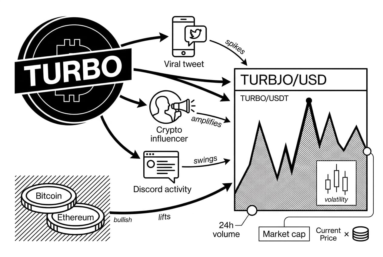Monochrome TURBO coin with arrows to TURBO/USD chart, volume and market cap callouts.