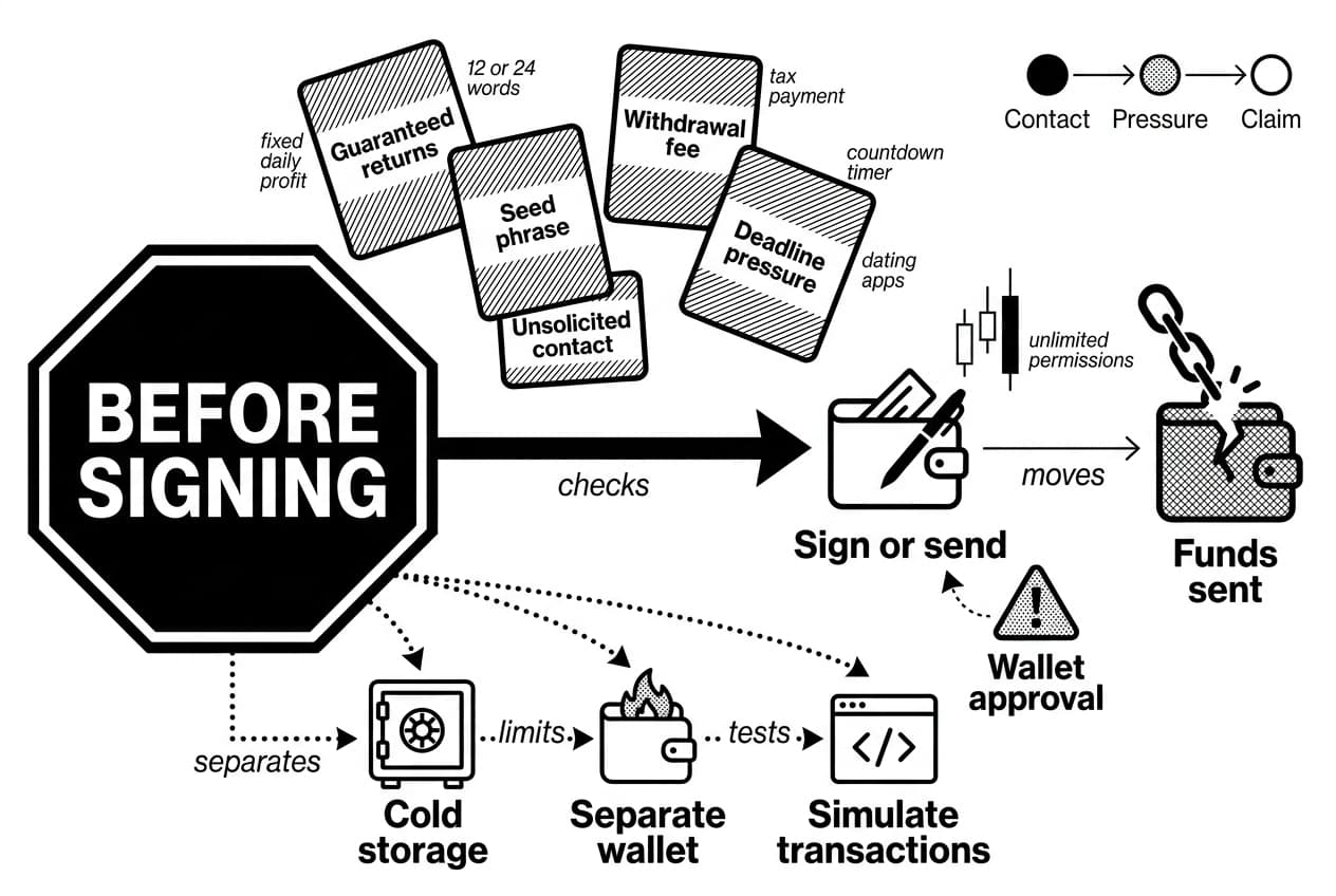 Monochrome crypto scams prevention flowchart showing warning cards before wallet signing.
