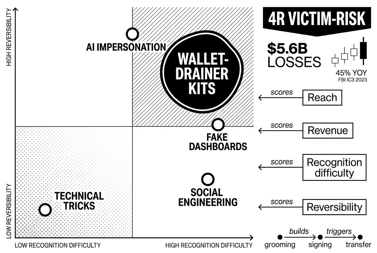Crypto scam types risk map ranking WALLET-DRAINER KITS, with FBI IC3 2023 callouts