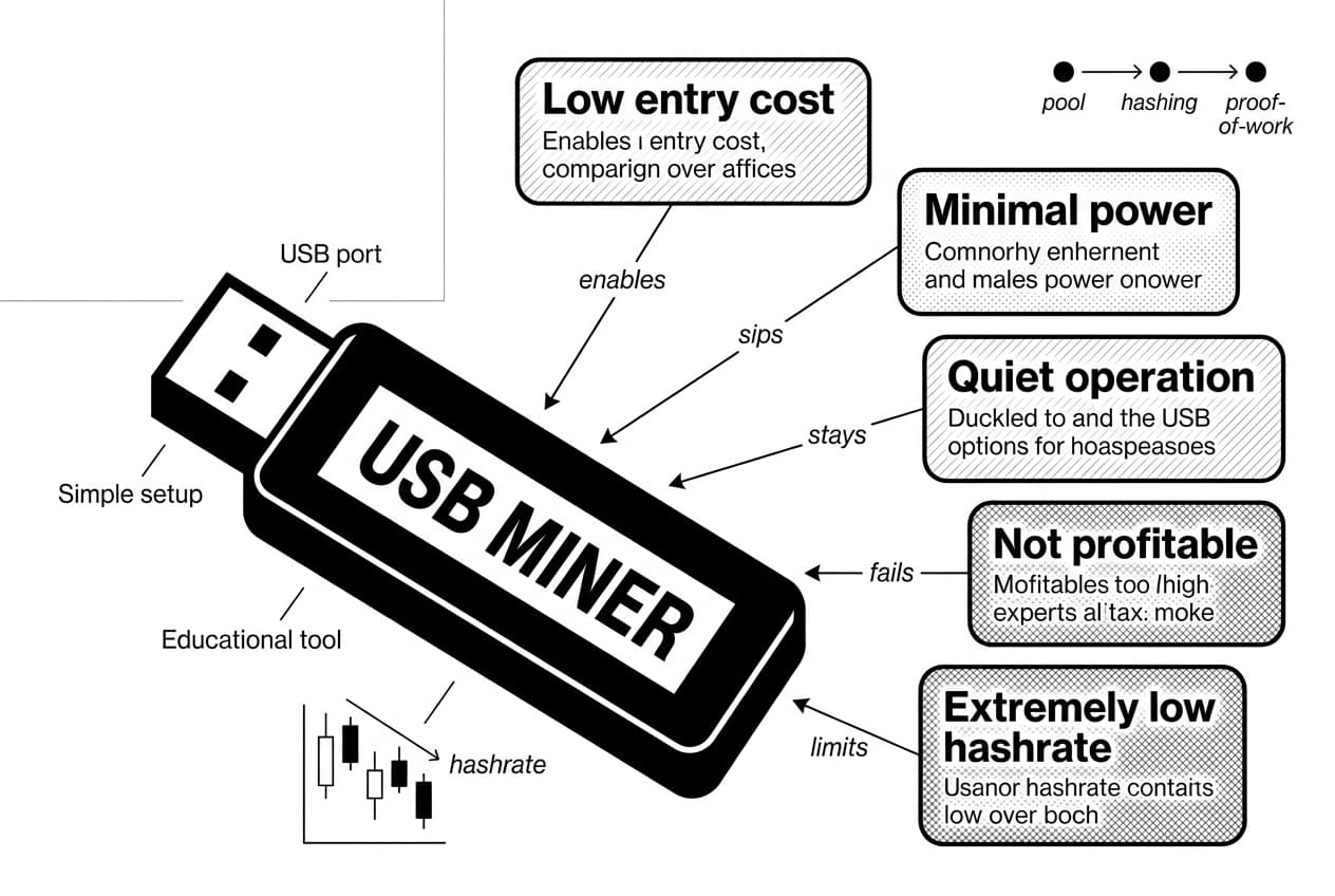 Monochrome infographic showing a USB miner dongle with pros and cons callouts.