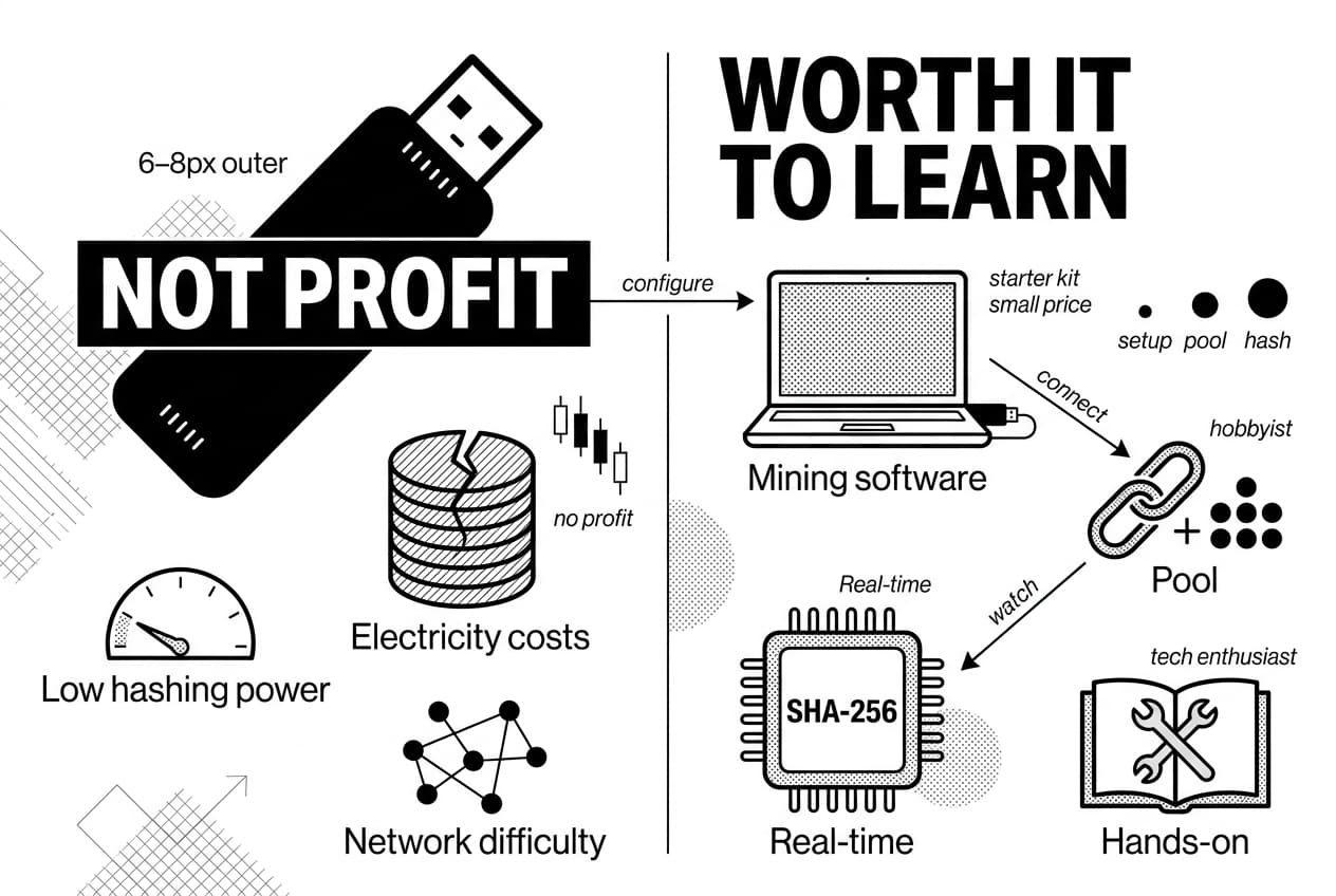 Split infographic showing USB stick miner labeled NOT PROFIT versus worth-it-to-learn workflow.