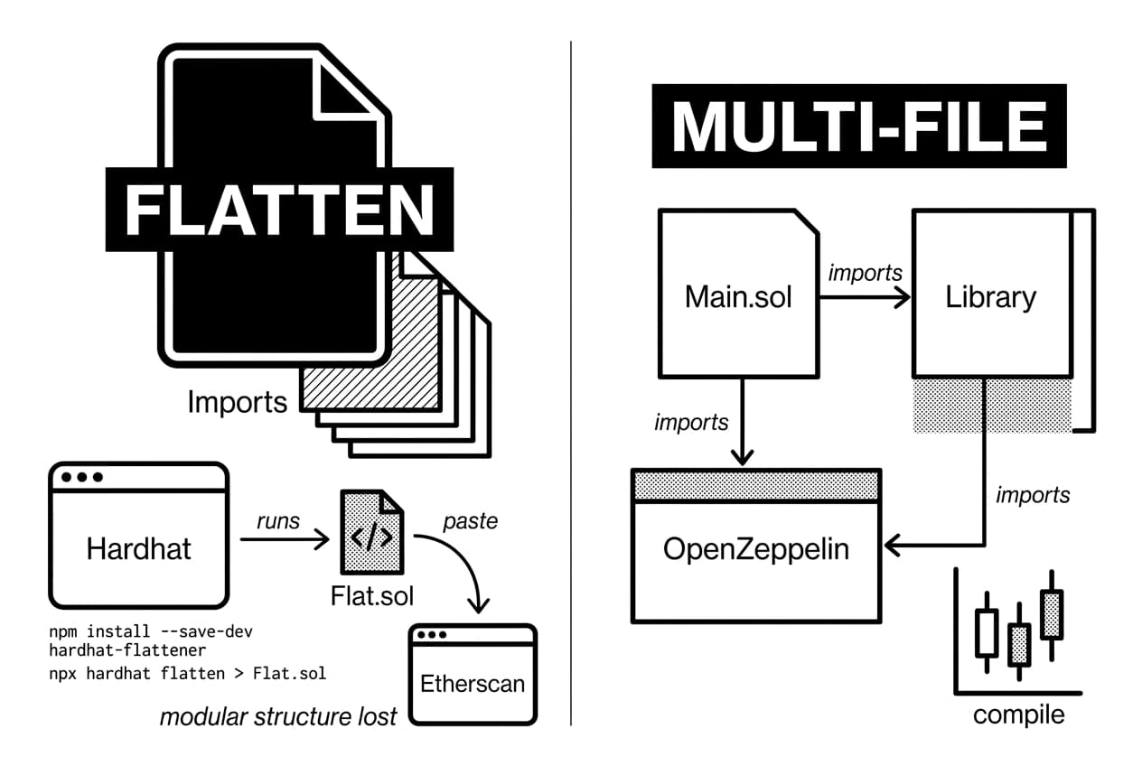 Split infographic comparing FLATTEN and MULTI-FILE methods to verify contracts on Etherscan.
