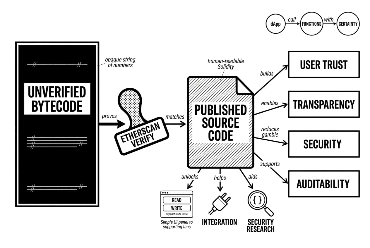 Monochrome flowchart showing Etherscan verify turning unverified bytecode into published source code.