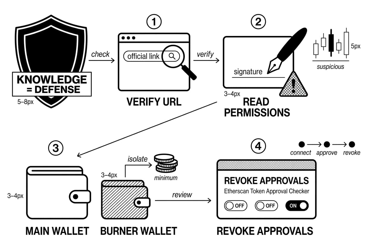 Monochrome infographic showing steps to avoid wallet drainers: verify URL, read permissions, use burner wallet.