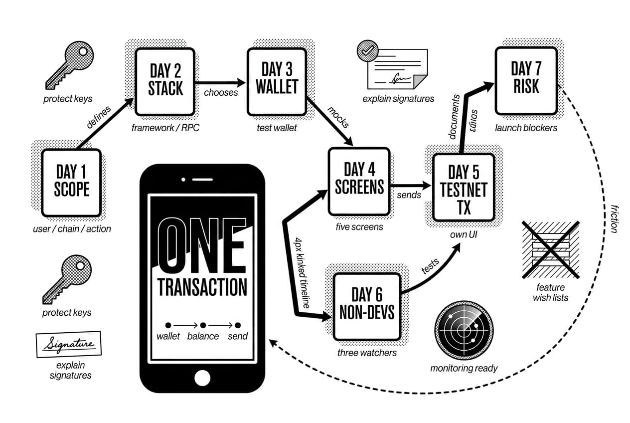 Monochrome timeline shows a 7-day Web3 mobile development plan centered on one transaction.