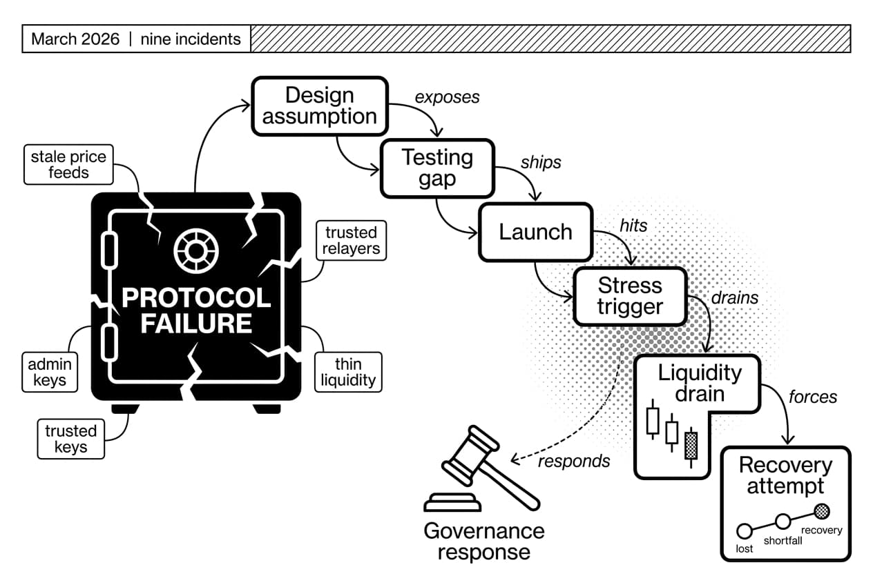 Monochrome DeFi protocol failure infographic showing cracked vault and cascading risk flow.