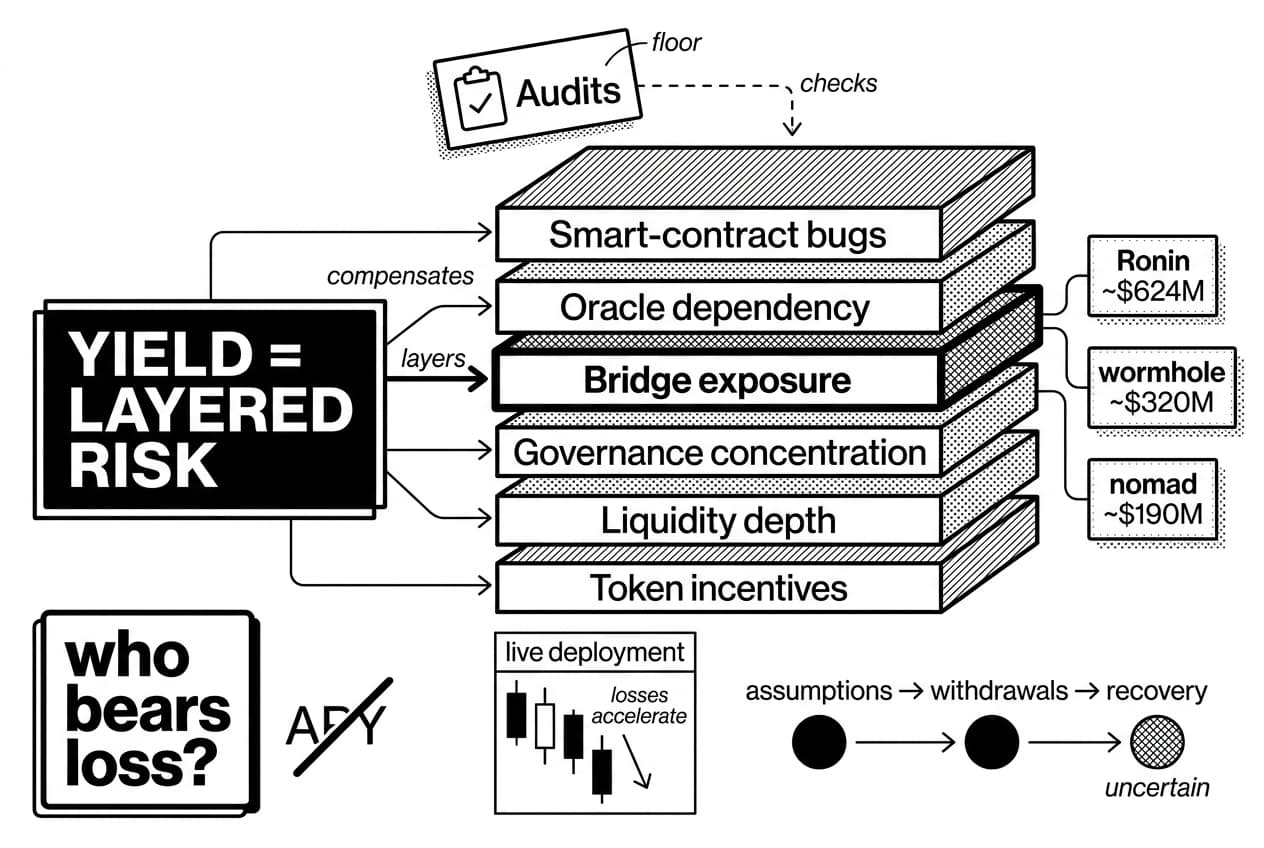 Monochrome DeFi protocols fail infographic showing layered risk, Ronin, wormhole, and nomad callouts.
