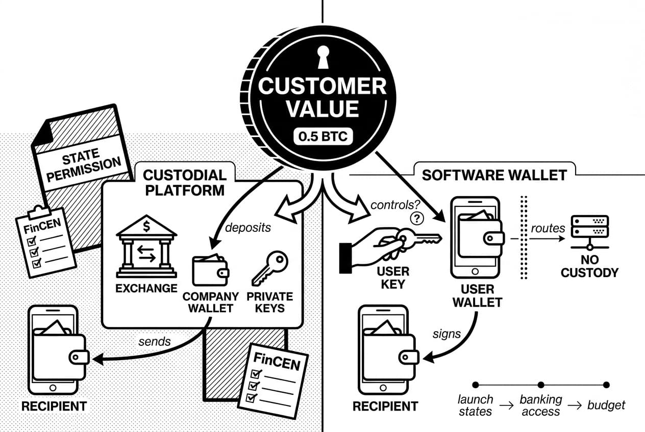Monochrome infographic comparing 0.5 BTC custody flows, FinCEN checklist, and crypto money transmitter licensing.