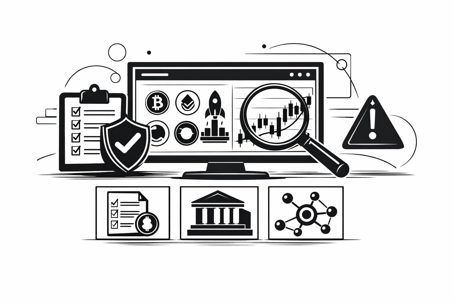 Illustration of exchange-vetted token sale, risks icons, and due diligence tools