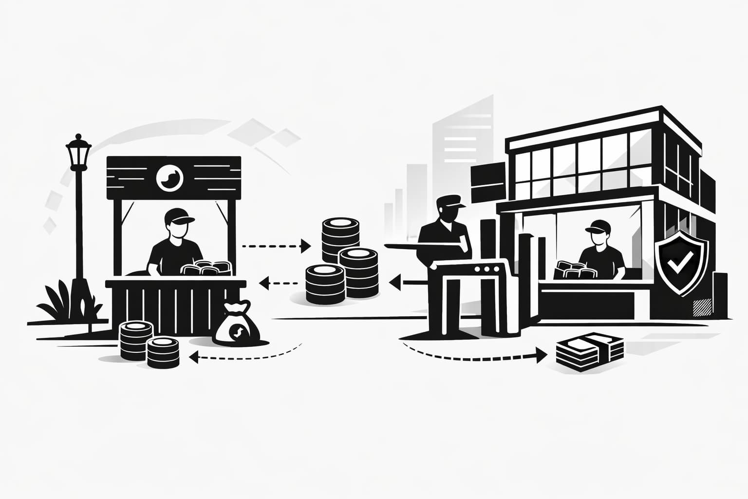 Crypto project selling tokens through an exchange versus a street-corner sale analogy