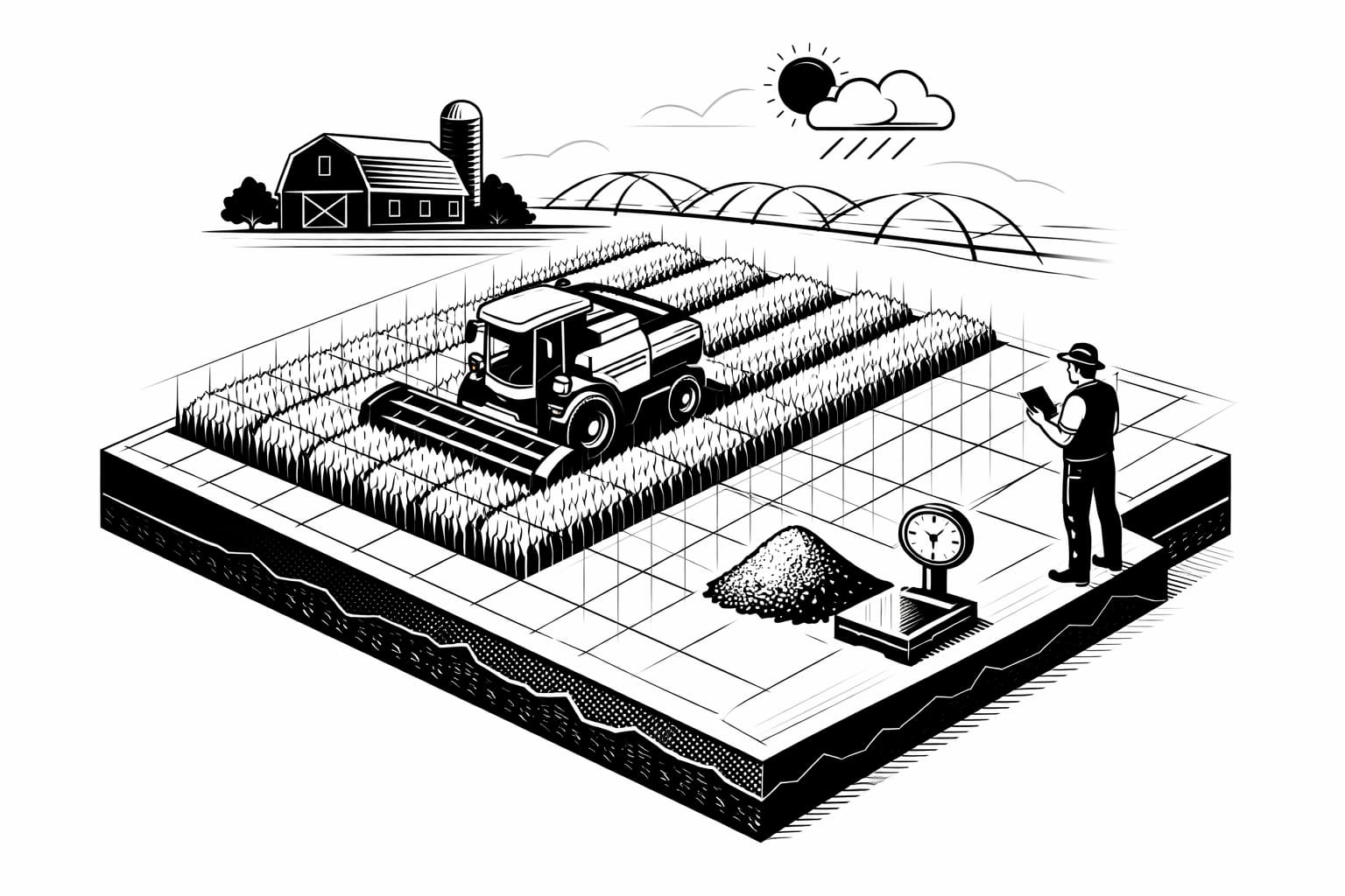Illustration of crop yield measured per acre with farm field and harvest