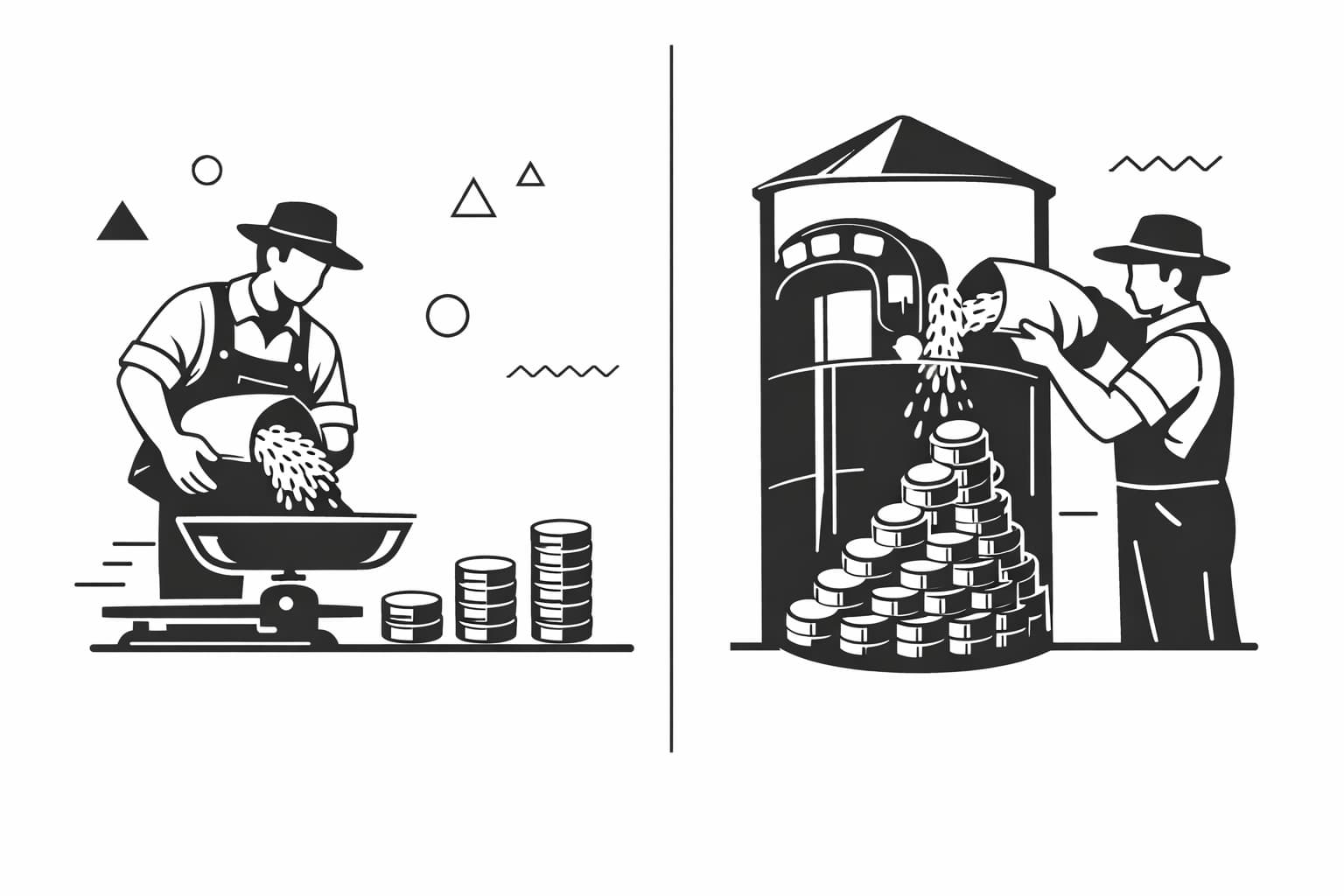 Split illustration of farmer measuring harvest showing simple versus compounding crypto yield