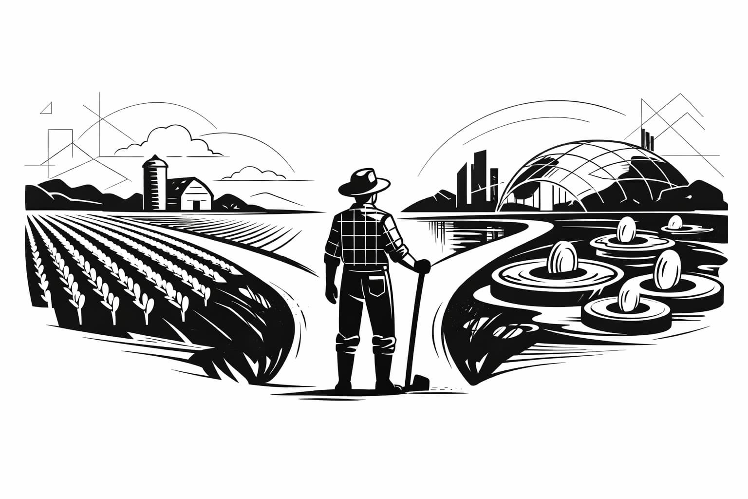 Farmer at crossroads between crop fields and DeFi yield farming pools