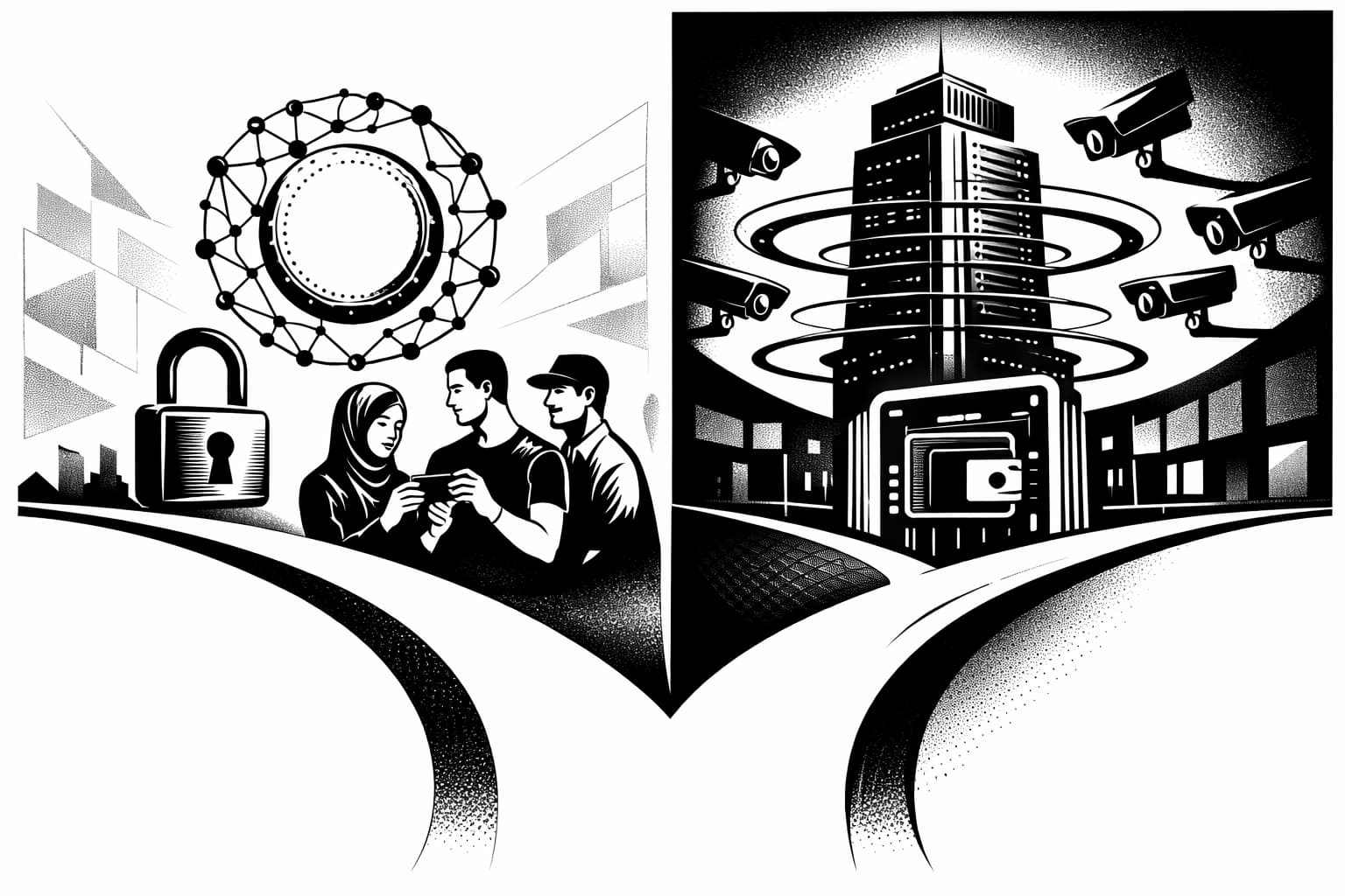 Split illustration contrasting decentralized Bitcoin freedom with centralized CBDC control and surveillance