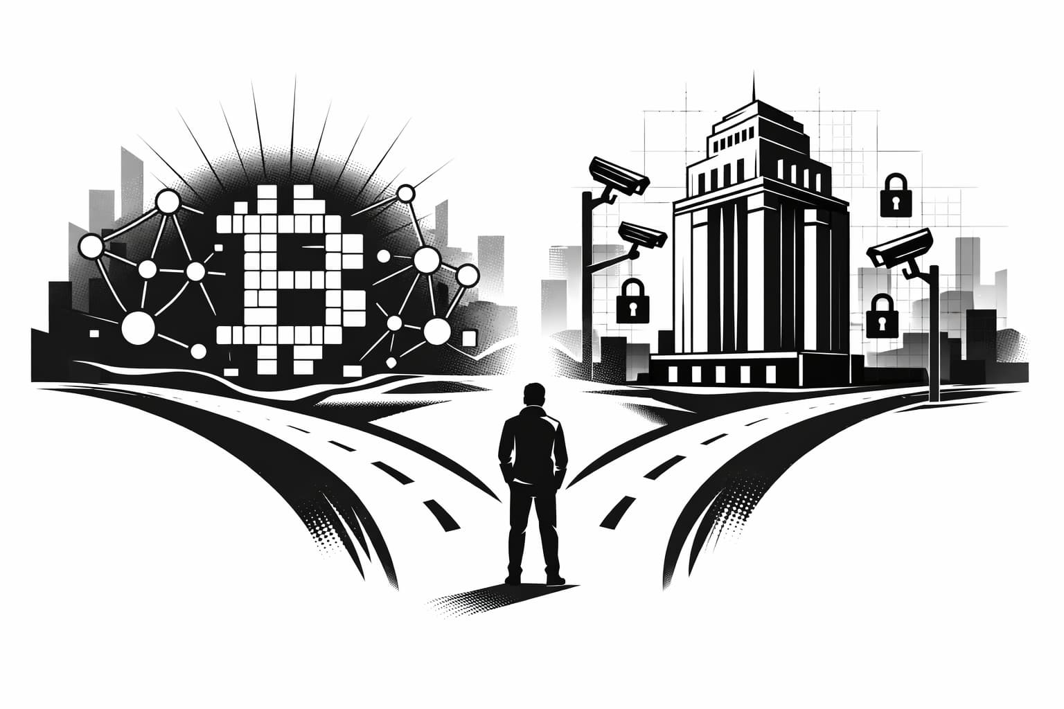 Figure at crossroads between decentralized crypto network and surveilled central bank money