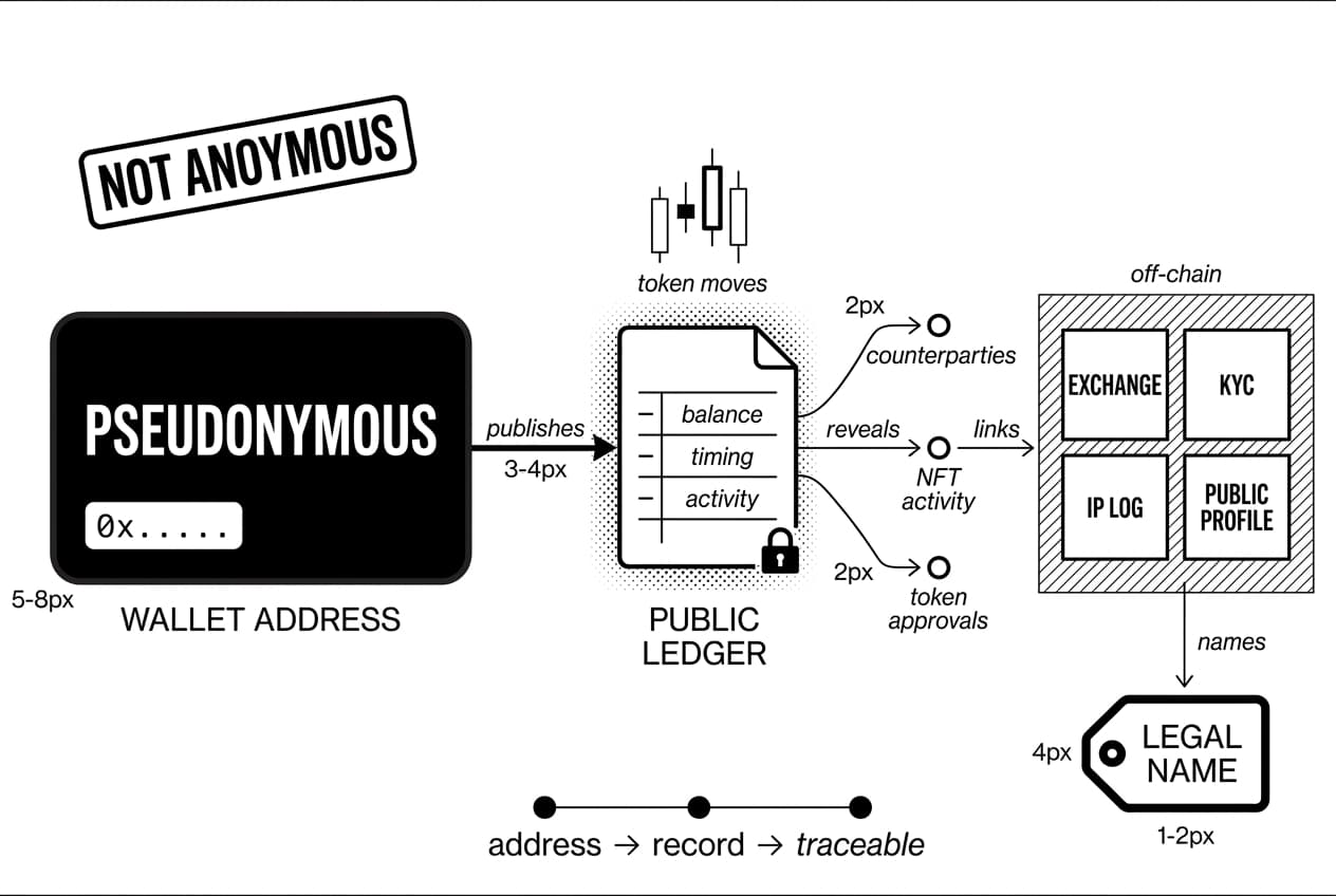 Diagram explains why blockchain is not anonymous, linking wallet activity to legal name.