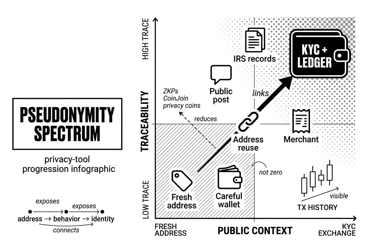 Blockchain pseudonymity matrix links fresh addresses to KYC + LEDGER and IRS records.