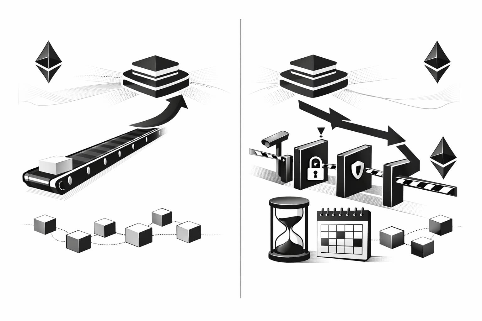 Split illustration of fast L1-to-L2 deposits and slow L2-to-L1 withdrawals