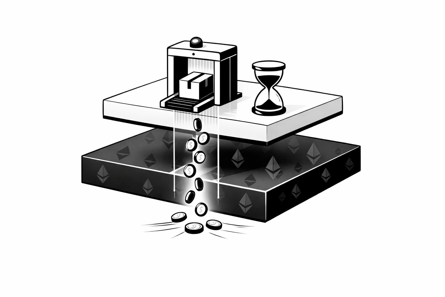 Coins moving from Layer 2 to Ethereum through a secure checkpoint gate
