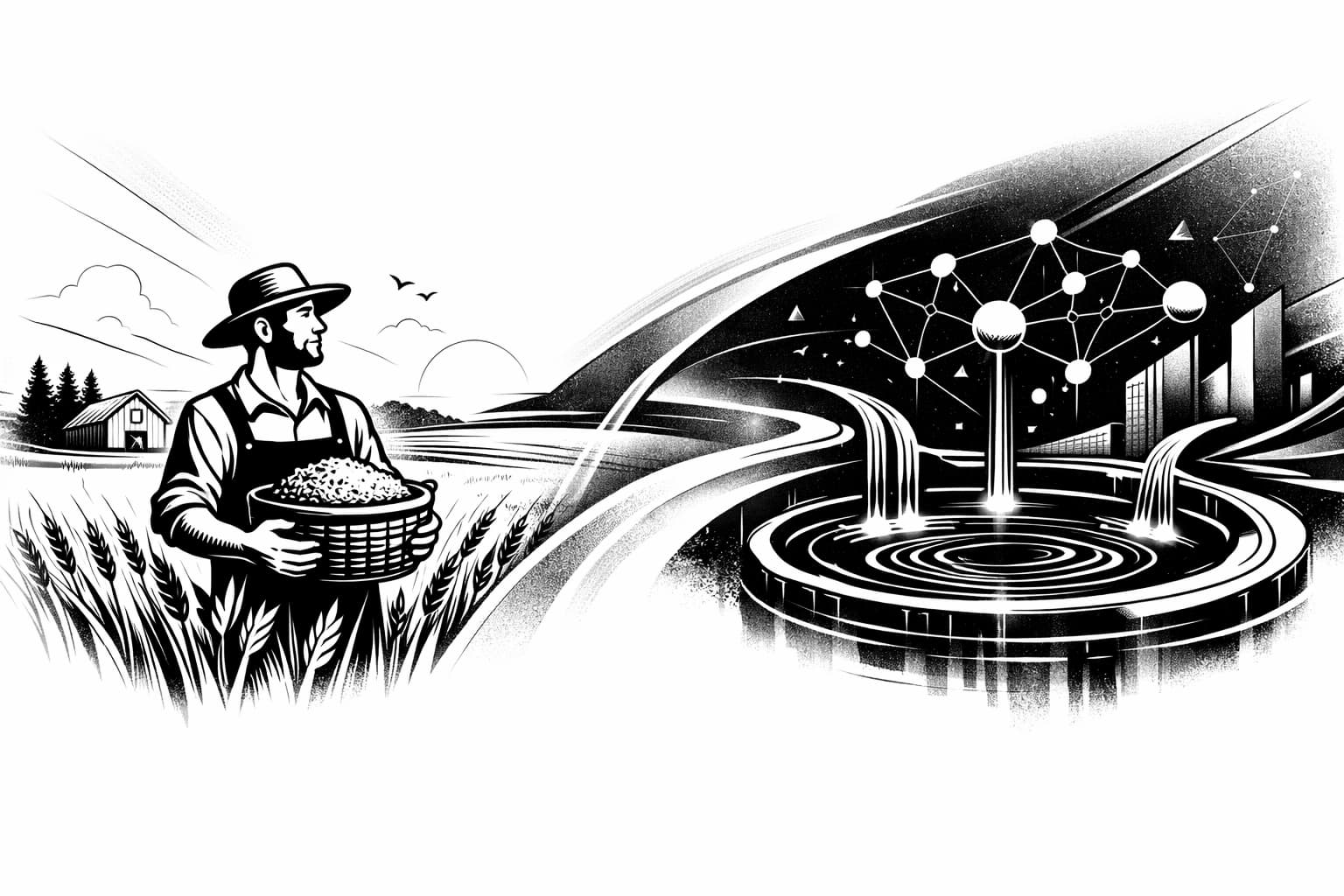 Split illustration of wheat harvest and abstract DeFi liquidity pool concept