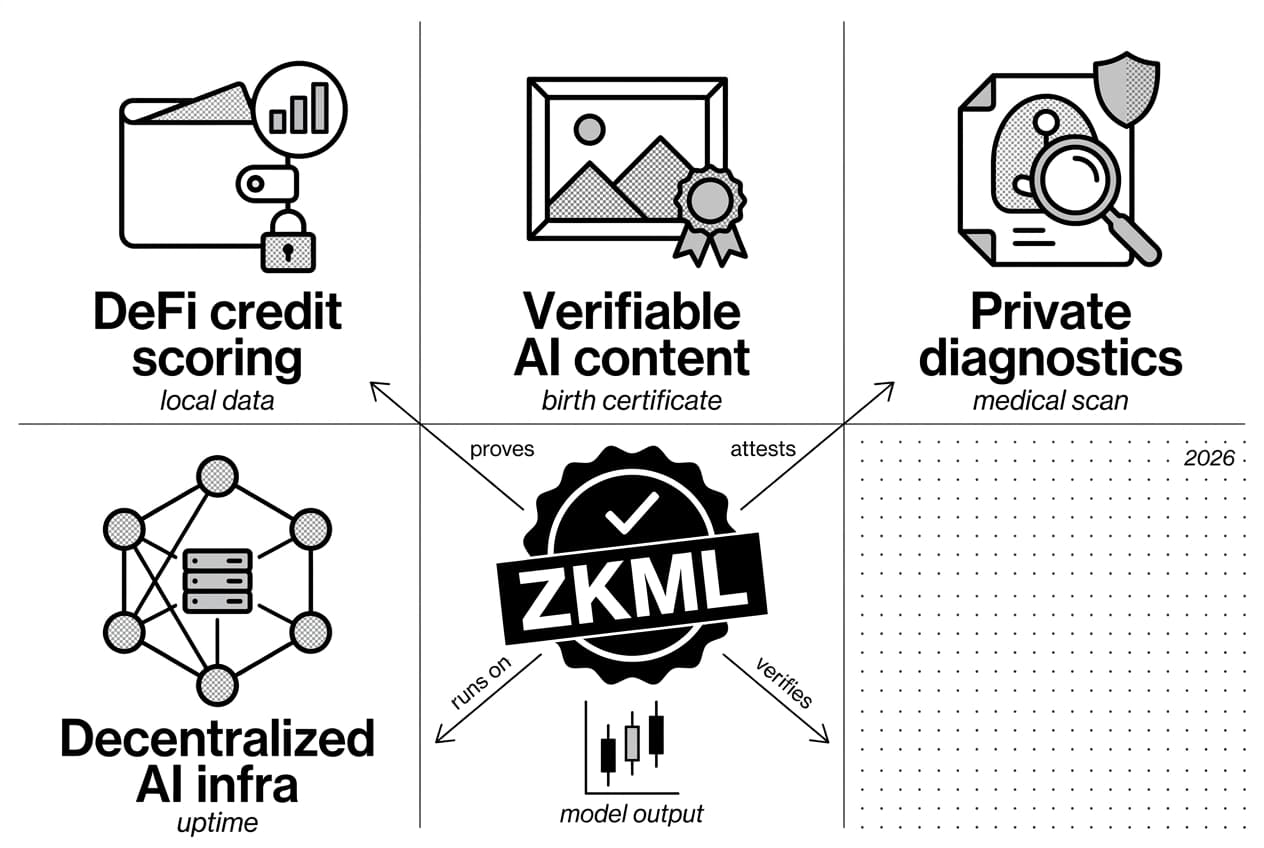 Monochrome icon grid showing zkML seal linking DeFi, content, diagnostics, and AI infrastructure.