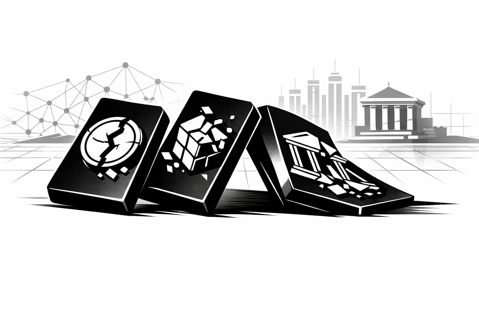Domino chain showing Terra, 3AC, and FTX collapse triggering systemic CeFi risk