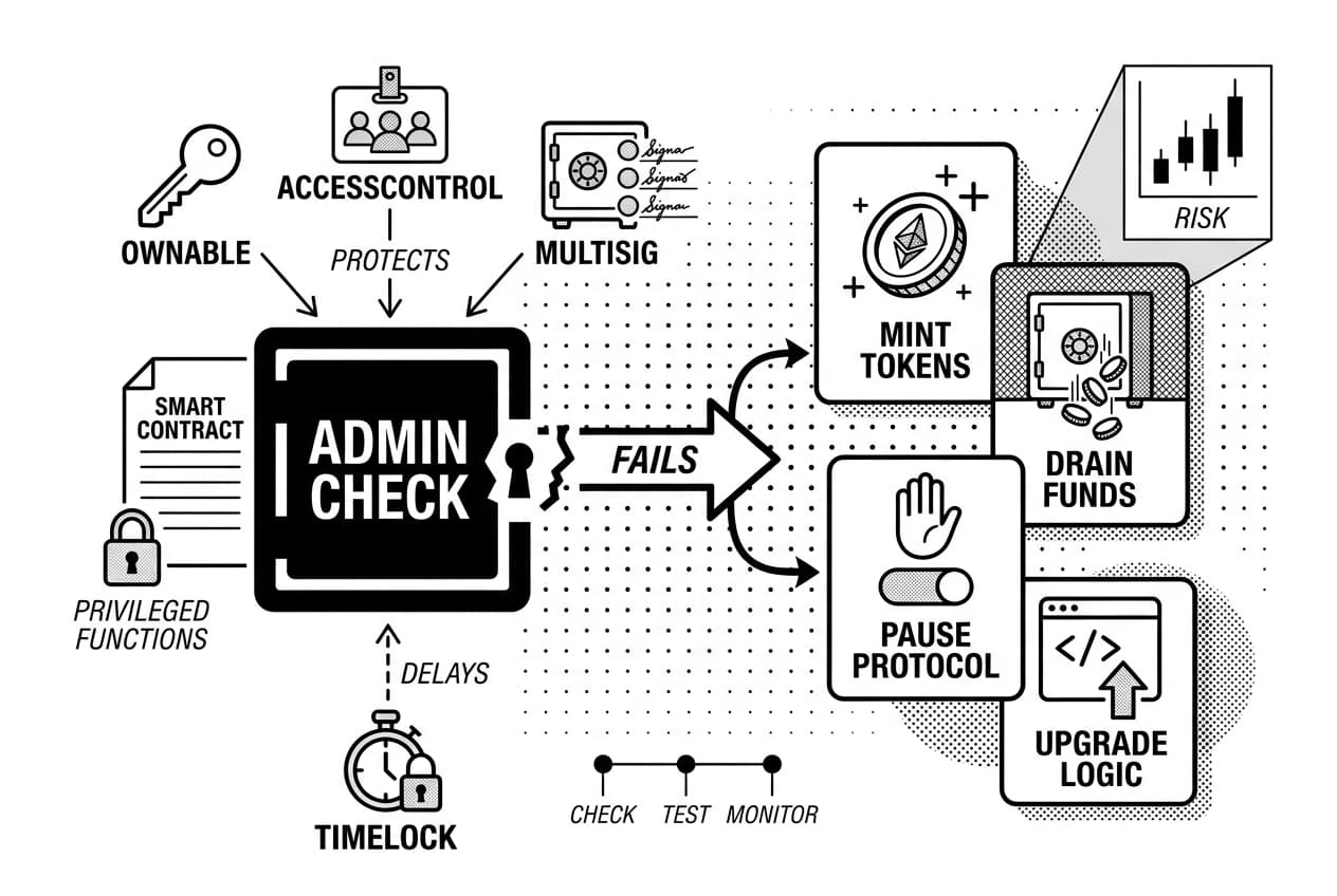 Smart contract access control infographic shows ADMIN CHECK gate, Ownable, AccessControl, Multisig, Timelock.