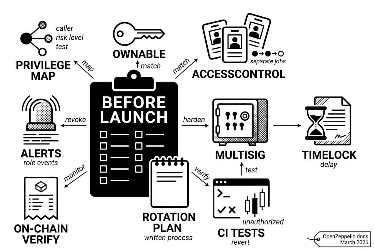 Checklist infographic for smart contract access control using OWNABLE, ACCESSCONTROL, and OpenZeppelin docs.