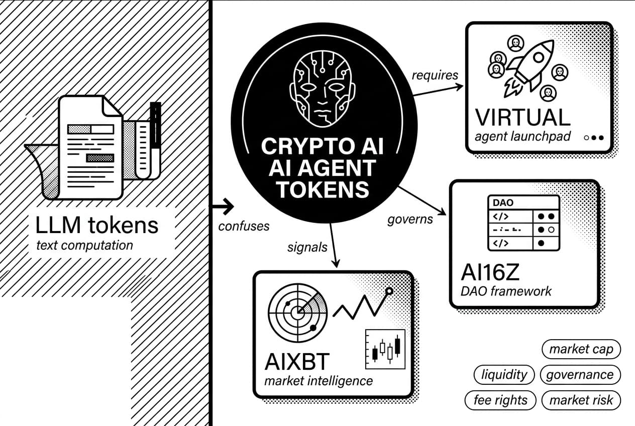 Monochrome infographic comparing AI agent tokens VIRTUAL, AI16Z, and AIXBT business models.