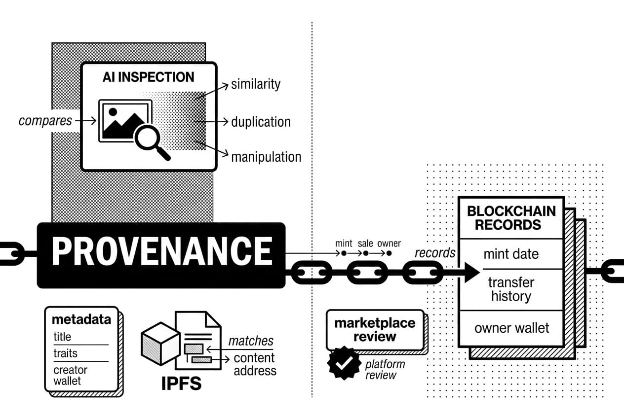 Monochrome AI NFT provenance infographic showing AI checks, blockchain records, and IPFS metadata.
