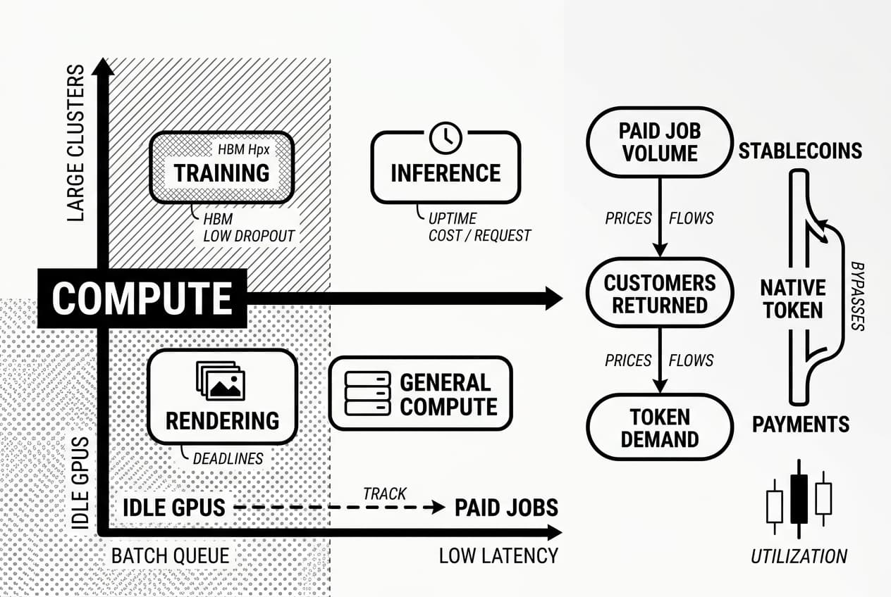 Monochrome AI crypto sector map showing COMPUTE workloads, STABLECOINS, and NATIVE TOKEN flows