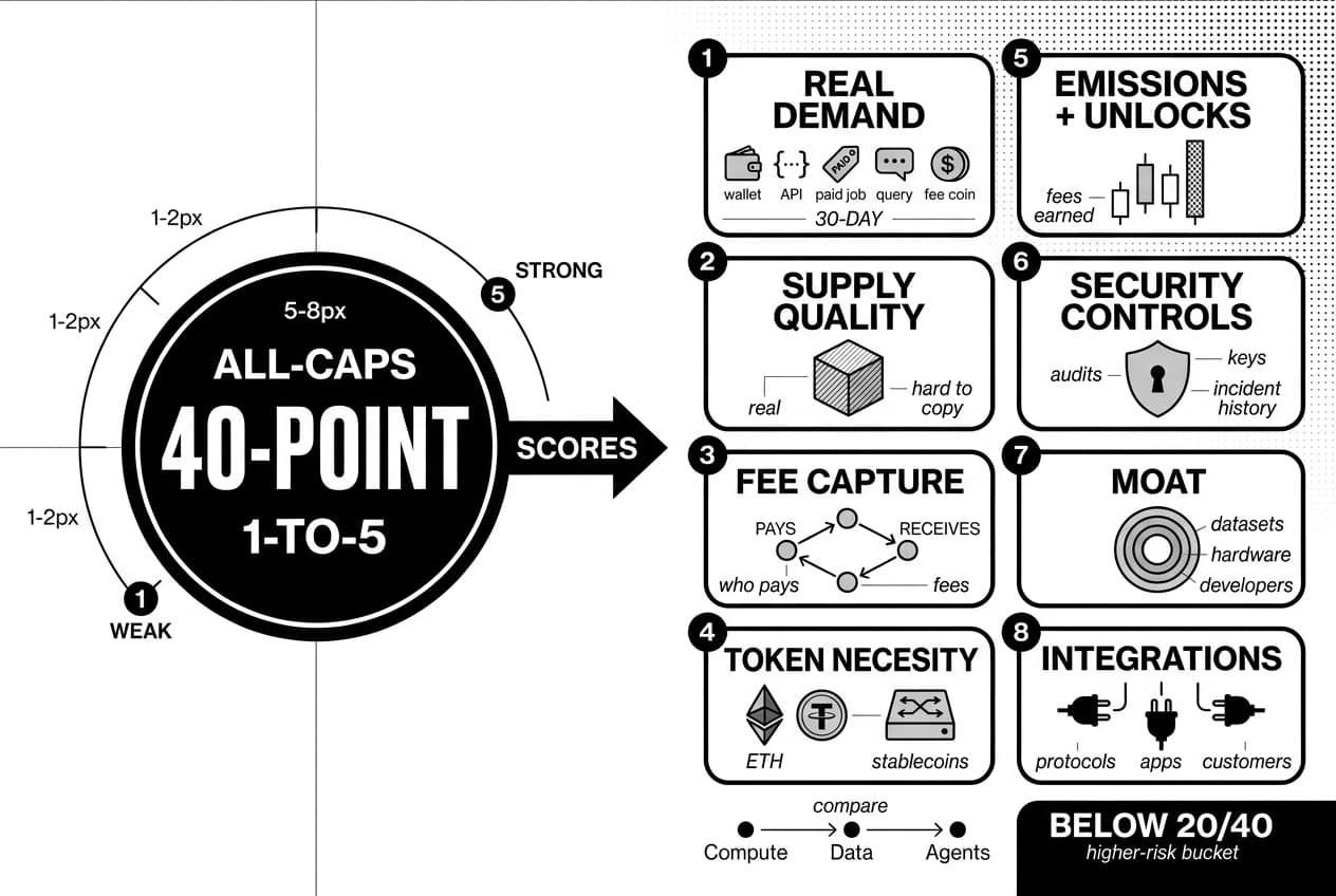 Monochrome AI crypto scoring checklist comparing Compute, Data, Agents, ETH token utility.