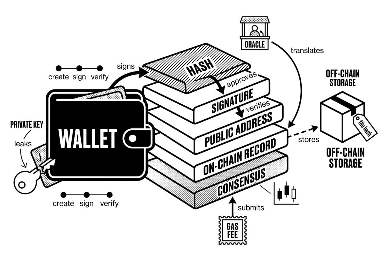 Monochrome diagram showing wallet signatures and blockchain records proving AI-generated content authenticity.