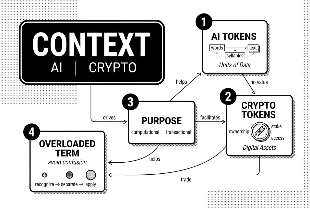 Monochrome checklist infographic comparing AI tokens and crypto tokens with context banner and arrows.